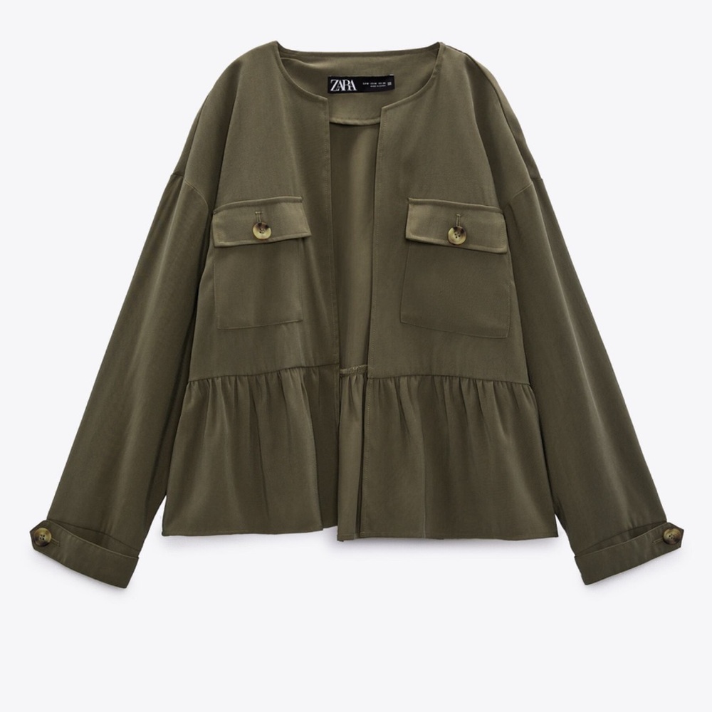 Zara Open Jacket With Ruffle Trim (Green, Size L, Pre-Owned, Great Condition)